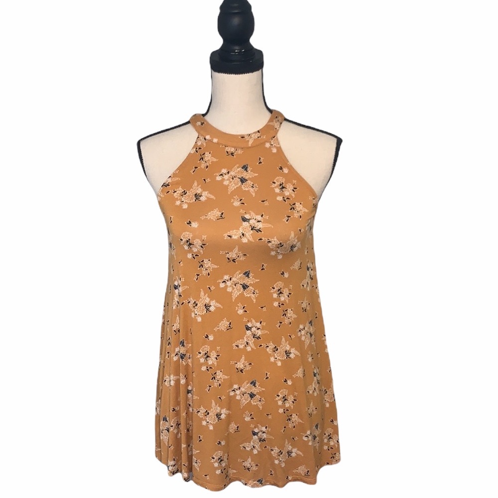 Hippie Rose Mustard Yellow Floral High Neck Sleeveless Cutout Tunic Top Size XS